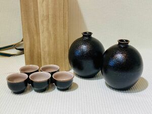 kmt04▼骨董 陶器 酒器 お猪口 5客セット 年代物 工芸品 アンティーク 木箱付▼