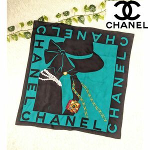 【美品】CHANEL シャネル 大判 スカーフ マドモアゼル マトラッセ シルク ブラック バッグモチーフ ジュエリー パール