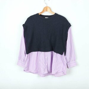  Beams long sleeve shirt knitted combination stripe BEAMS DESIGN wool . lady's L size navy purple BEAMS