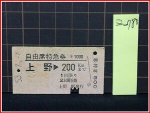 z0780【鉄道切符　硬券】自由席特急券【上野-200kmまで　53.7-8 1000円　】