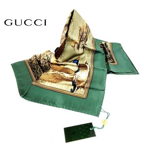 【未使用】GUCCI グッチ 大判 スカーフ 鴨 カモ ダック 鳥 グリーン系 シルク100% イタリア製 【送料無料】