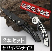 送料無料　即決価格　２本　サバイバルナイフ　折りたたみ　ミニナイフ　フィッシングナイフ　クリップ付き　ブラック＆シルバー_画像2