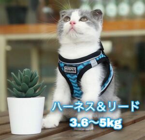 猫用ハーネス 猫に優しい ネコ リード付き　超軽量　夜反射　簡単装着　メッシュS