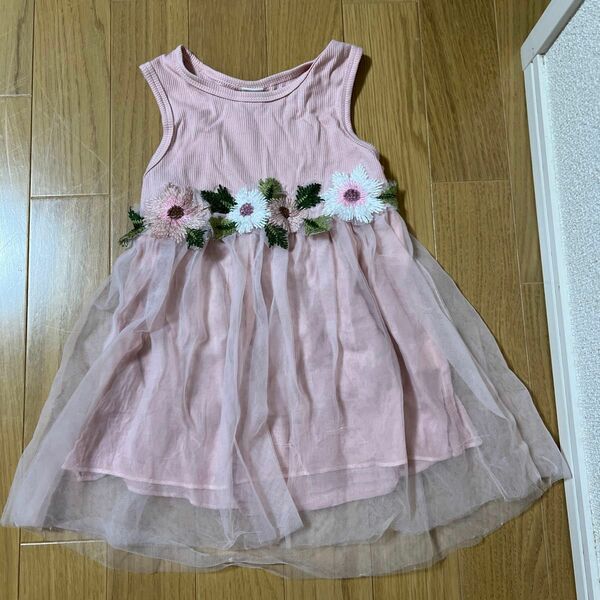 90㎝【チュールワンピース、ドレス】花刺繍 ピンク レース