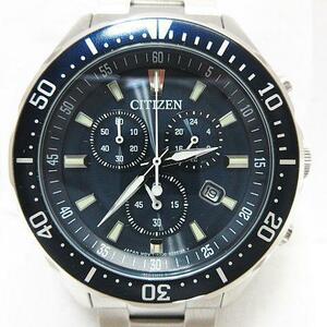 美品 CITIZEN シチズン エコドライブ ソーラー クロノグラフ ブルー文字盤 メンズ 腕時計 稼働品 H500-S064597 箱付き