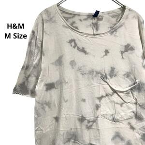 H&M タイダイ柄半袖Tシャツ白グレーロング丈春夏メンズM b11