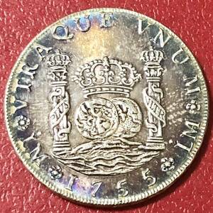 銀貨 1755年　8レアル　ピラーダラー銀貨　カルロス3世 スペイン領メキシコ 1円銀貨　貿易銀　古銭　硬貨　コイン　一円銀貨