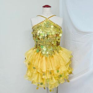 ワンピース 舞台衣装 黄色 イエロー スパンコール フリル ステージ衣装 ダンス アイドル カラードレス 発表会 イベント パーティー