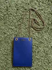  Furla FURLA* super-beauty goods leather × gold chain smartphone shoulder bag 2WAY purse ID pass case smartphone inserting blue blue Mini bag 