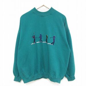 XL/古着 長袖 スウェット メンズ 00s ゴルフ 刺繍 クルーネック 緑 グリーン 24jan31 中古 スエット トレーナー トップス