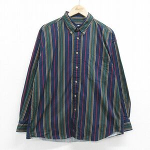 XL/古着 長袖 シャツ メンズ 90s コットン ボタンダウン 紺他 ネイビー ストライプ 24feb01 中古 トップス