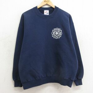 L/古着 ジャージーズ 長袖 スウェット メンズ 90s 消防署 クロスター クルーネック 紺 ネイビー 24feb03 中古 スエット トレーナー トップ