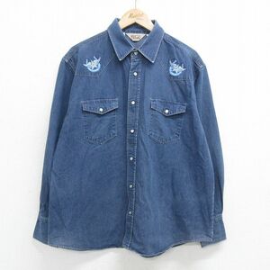 XL/古着 ウォールズ 長袖 ウエスタン シャツ メンズ 90s 星 刺繍 大きいサイズ コットン 紺 ネイビー デニム 24feb07 中古 トップス