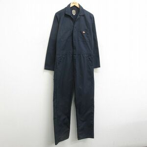 W37/古着 ディッキーズ Dickies 長袖 ワーク ツナギ メンズ 紺 ネイビー 24feb07 中古 オールインワン ボトムス