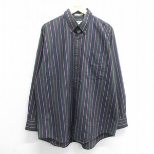 XL/古着 長袖 シャツ メンズ 00s ロング丈 コットン ボタンダウン 緑他 グリーン ストライプ 24feb07 中古 トップス