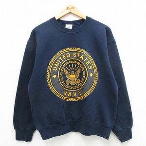 L/古着 長袖 スウェット メンズ 90s ミリタリー ネイビー NAVY リフレクター クルーネック 紺 24feb07 中古 スエット トレーナー トップス