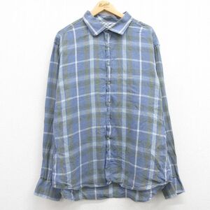 XL/古着 長袖 シャツ メンズ リネン ロング丈 紺他 ネイビー チェック 24feb07 中古 トップス