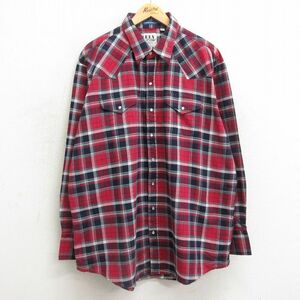 XL/古着 ELY 長袖 ウエスタン シャツ メンズ 大きいサイズ ロング丈 赤他 レッド チェック 24feb10 中古 トップス