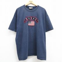 XL/古着 半袖 ビンテージ Tシャツ メンズ 90s USAロゴ 星条旗 刺繍 大きいサイズ コットン クルーネック 紺 ネイビー 24feb10 中古_画像1