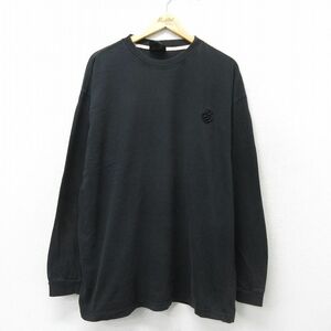 XL/古着 ROCA WEAR 長袖 ビンテージ Tシャツ メンズ 00s ワンポイントロゴ 大きいサイズ ロング丈 コットン クルーネック 黒 ブラック 24fe