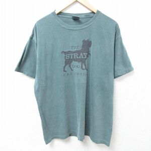 XL/古着 半袖 Tシャツ メンズ 犬 コットン クルーネック 濃緑 グリーン 24feb13 中古