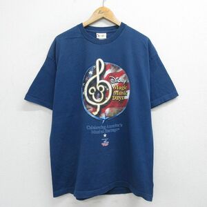 XL/古着 半袖 ビンテージ Tシャツ メンズ 00s ディズニー ミュージック 音符 ミッキー コットン クルーネック 紺 ネイビー 24feb14 中古