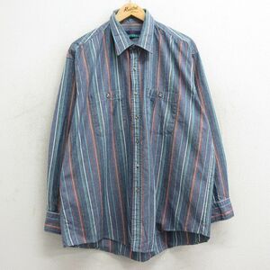 XL/古着 長袖 シャツ メンズ 90s 大きいサイズ 薄紺 ネイビー ストライプ 24feb15 中古 トップス