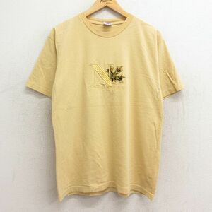 L/古着 半袖 ビンテージ Tシャツ メンズ 90s ナイアガラの滝 刺繍 コットン クルーネック 黄 イエロー 24feb16 中古