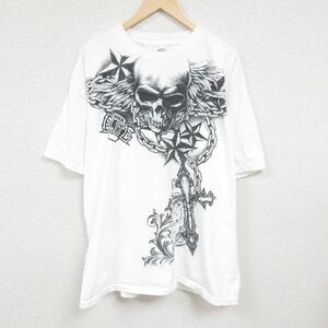 XL/古着 半袖 Tシャツ メンズ スカル 大きいサイズ コットン クルーネック 白 ホワイト 24feb17 中古