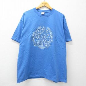 XL/古着 半袖 ビンテージ Tシャツ メンズ 00s 花 大きいサイズ コットン クルーネック 薄紺 ネイビー 24feb17 中古