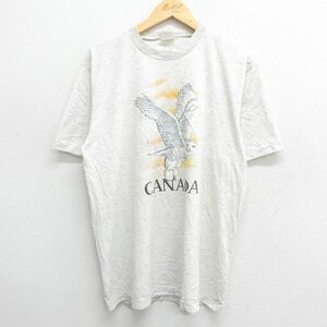 L/古着 半袖 ビンテージ Tシャツ メンズ 80s カナダ フクロウ クルーネック 薄グレー 霜降り 24feb17 中古