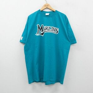 XL/古着 マジェスティック 半袖 ビンテージ Tシャツ メンズ 00s MLB マイアミマーリンズ 大きいサイズ ロング丈 クルーネック 青緑 メジャの画像1