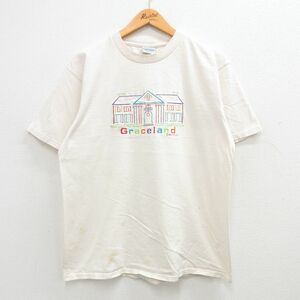 XL/古着 半袖 ビンテージ Tシャツ メンズ 90s グレースランド 刺繍 コットン クルーネック 生成り 24feb19 中古