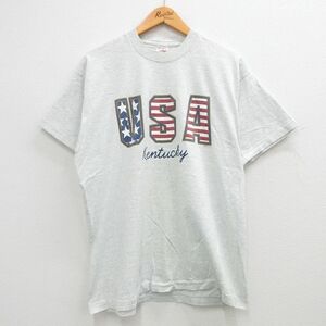 XL/古着 フルーツオブザルーム 半袖 ビンテージ Tシャツ メンズ 90s USAロゴ 星条旗 ケンタッキー クルーネック 薄グレー 霜降り 24feb19