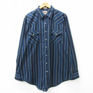 XL/古着 ELY 長袖 ウエスタン シャツ メンズ 90s 大きいサイズ ロング丈 紺他 ネイビー ストライプ 24feb20 中古 トップス