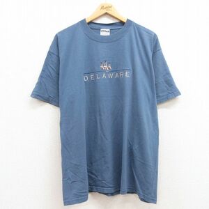 XL/古着 半袖 ビンテージ Tシャツ メンズ 00s ヨット デラウェア 刺繍 大きいサイズ コットン クルーネック 薄紺 ネイビー 24feb20 中古