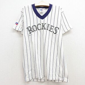 古着 ラッセル 半袖 ビンテージ Tシャツ キッズ ボーイズ 子供服 90s MLB コロラドロッキーズ Vネック 白 ホワイト ストライプ メジャーリ