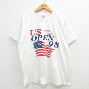 XL/古着 フルーツオブザルーム 半袖 ビンテージ Tシャツ メンズ 90s USオープン 星条旗 コットン クルーネック 白 ホワイト 24feb21 中古