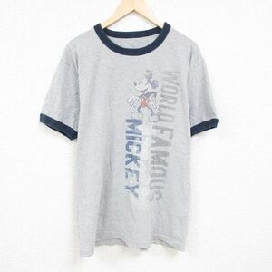 XL/古着 半袖 Tシャツ メンズ ディズニー DISNEY ミッキー MICKEY MOUSE クルーネック グレー 霜降り リンガー 24feb22 中古