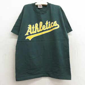 古着 マジェスティック 半袖 Tシャツ キッズ ボーイズ 子供服 MLB オークランドアスレチックス 12 コットン クルーネック 緑 グリーン メジ