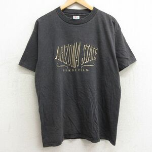 XL/古着 半袖 ビンテージ Tシャツ メンズ 90s アリゾナステートサンデビルス 刺繍 クルーネック 黒 ブラック 24feb22 中古