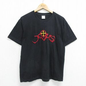 L/古着 半袖 ビンテージ Tシャツ メンズ 90s JESUS 刺繍 コットン クルーネック 黒 ブラック 24feb22 中古