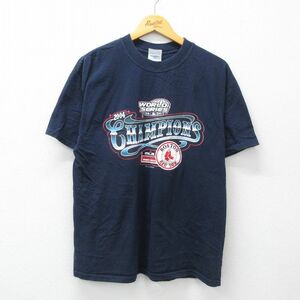 L/古着 半袖 ビンテージ Tシャツ メンズ 00s MLB ボストンレッドソックス ワールドシリーズ コットン クルーネック 紺 ネイビー メジャーリ