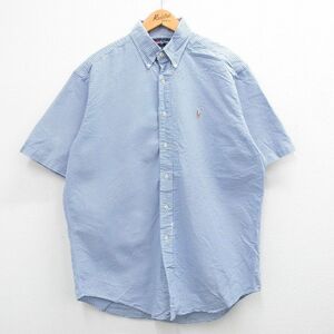 XL/古着 ラルフローレン 半袖 ブランド シャツ メンズ 90s ワンポイントロゴ BLAKE ロング丈 コットン ボタンダウン 紺他 ネイビー チェッ