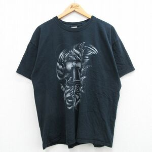 XL/古着 半袖 ビンテージ Tシャツ メンズ 00s 鐘 ドラゴン 大きいサイズ コットン クルーネック 黒 ブラック 24feb24 中古