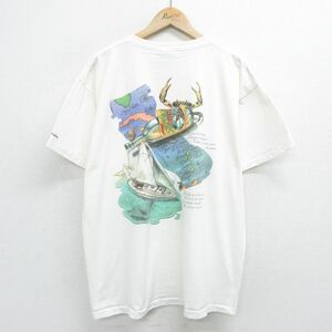 XL/古着 半袖 ビンテージ Tシャツ メンズ 90s 船 地図 カニ 大きいサイズ コットン クルーネック 白 ホワイト 24feb24 中古