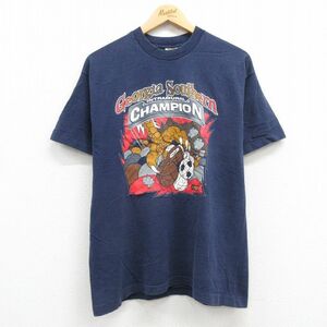 L/古着 フルーツオブザルーム 半袖 ビンテージ Tシャツ メンズ 90s ジョージア バスケットボール アメフト コットン クルーネック 紺 ネイ