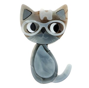 猫のブローチ　レトロ　メガネ猫　グレー　猫の雑貨　HANAKO