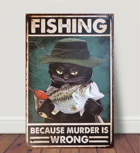 ブリキ看板　HANAKO　レトロ　猫の看板　E13　黒猫　バス釣り　フィッシング　釣り堀