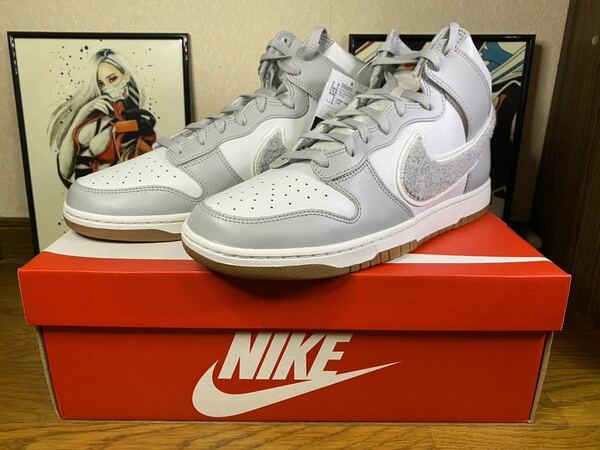 US13/31cm ナイキ ダンク ハイ レトロ / Nike Dunk High Retro University Chenille Swoosh Light Smoke Grey / SNKRS atmos ビッグサイズ